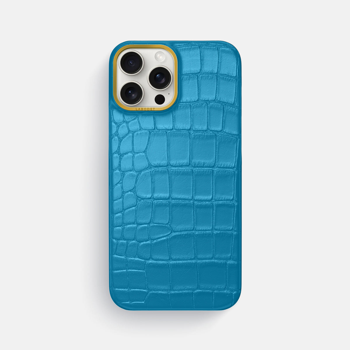 Curaçao-Blue iPhone 16 Pro Max Classic Case In Alligator with Gold Metal -1 | Curaçao-Blue-Gold