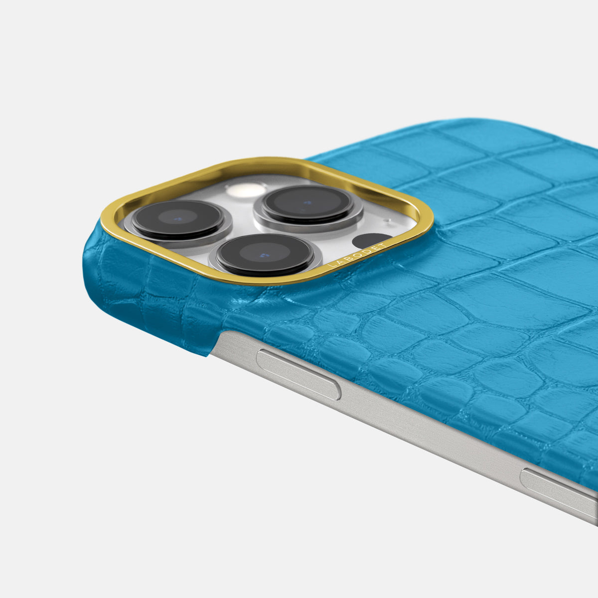 Curaçao-Blue iPhone 16 Pro Max Classic Case In Alligator with Gold Metal -6 | Curaçao-Blue-Gold