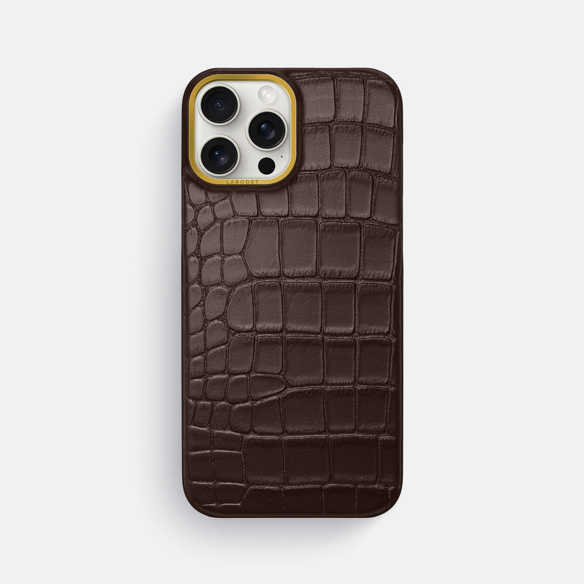 Dark-Brown iPhone 16 Pro Max Classic Case In Alligator with Gold Metal -1 | Dark-Brown-Gold