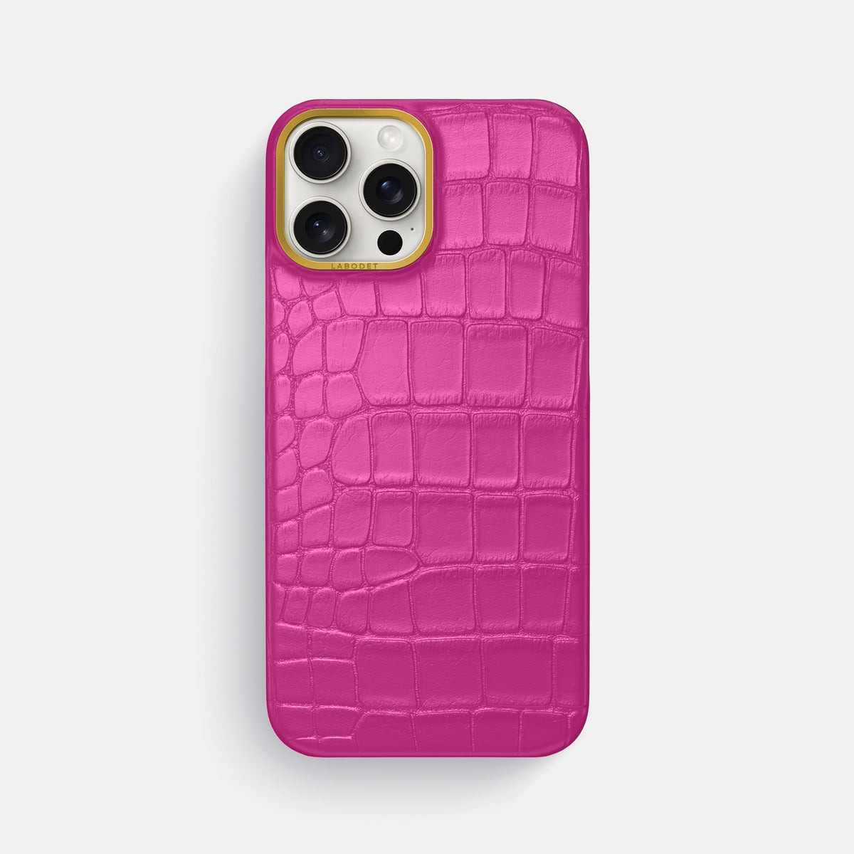 Fuchsia iPhone 16 Pro Max Classic Case In Alligator with Gold Metal -1 | Fuchsia-Gold