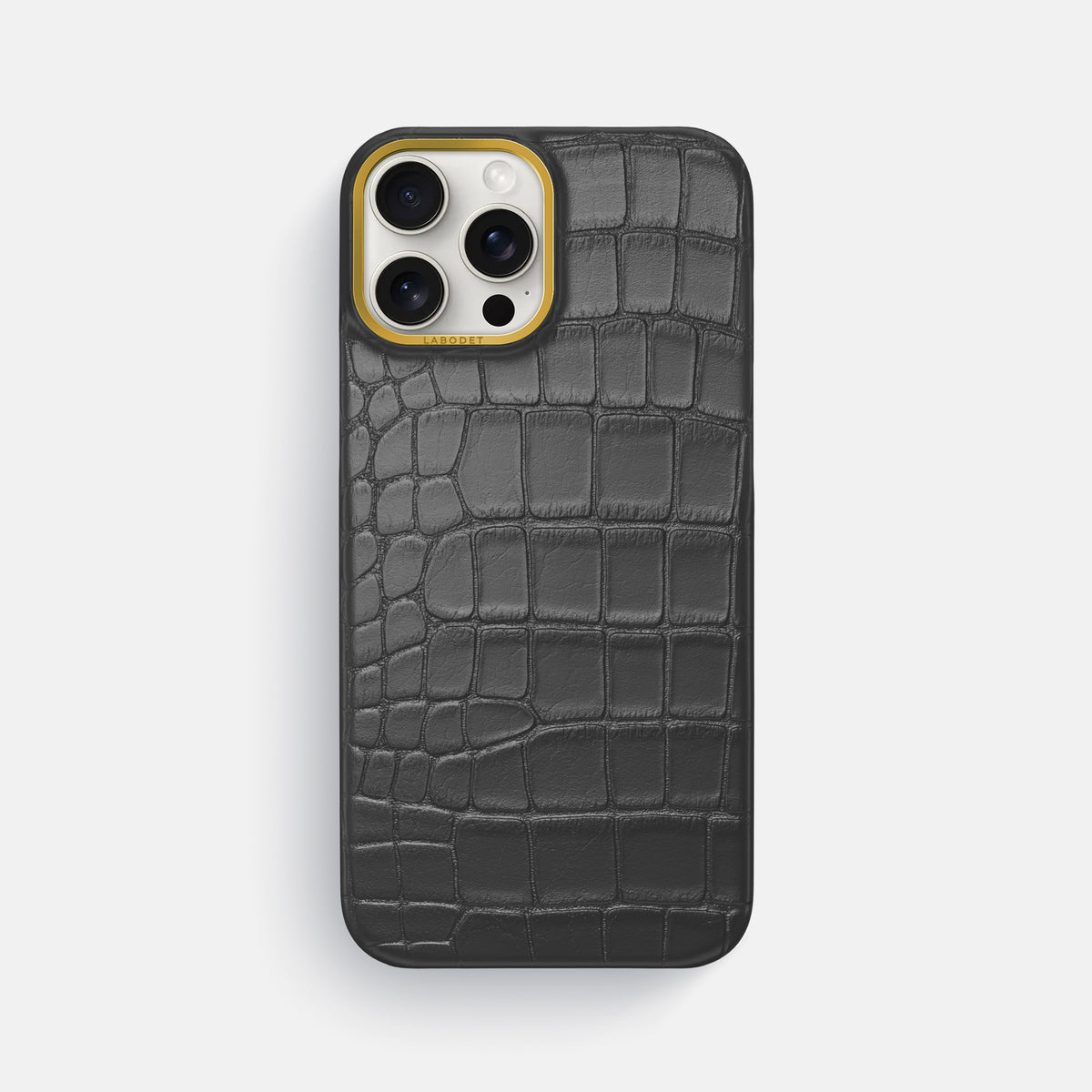 Grey iPhone 16 Pro Max Classic Case In Alligator with Gold Metal -1 | Grey-Gold