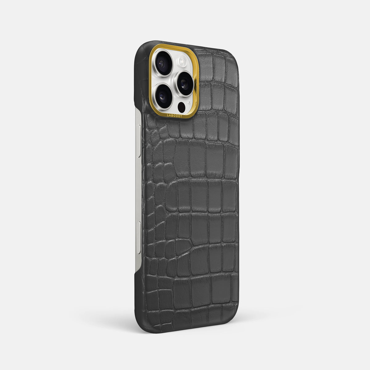 Grey iPhone 16 Pro Max Classic Case In Alligator with Gold Metal -2 | Grey-Gold