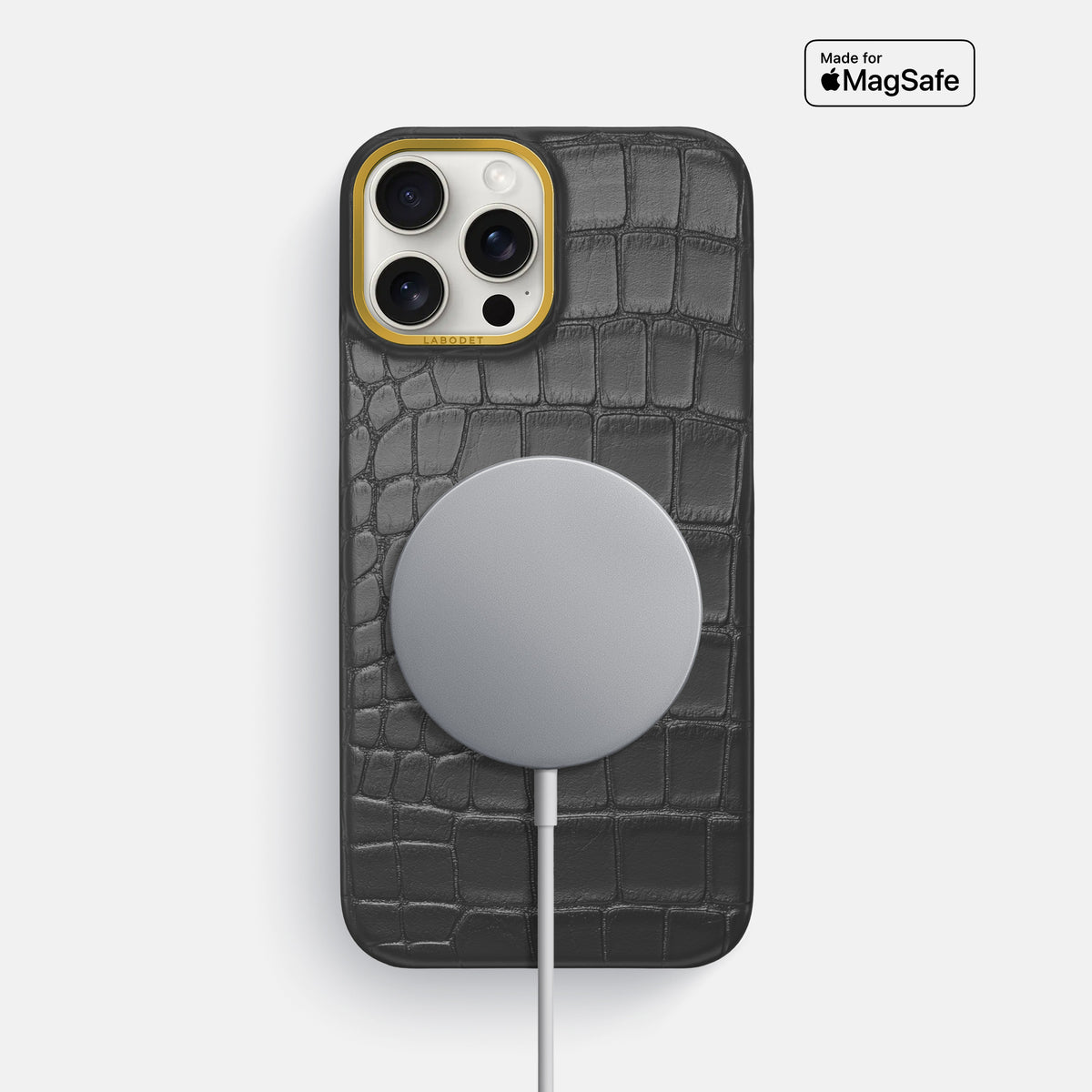 Grey iPhone 16 Pro Max Classic Case In Alligator with Gold Metal -5 | Grey-Gold