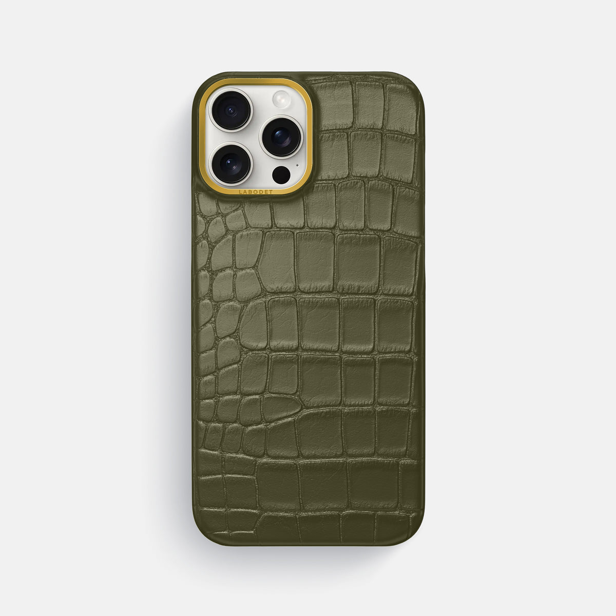 Kaki-Green iPhone 16 Pro Max Classic Case In Alligator with Gold Metal -1 | Kaki-Green-Gold