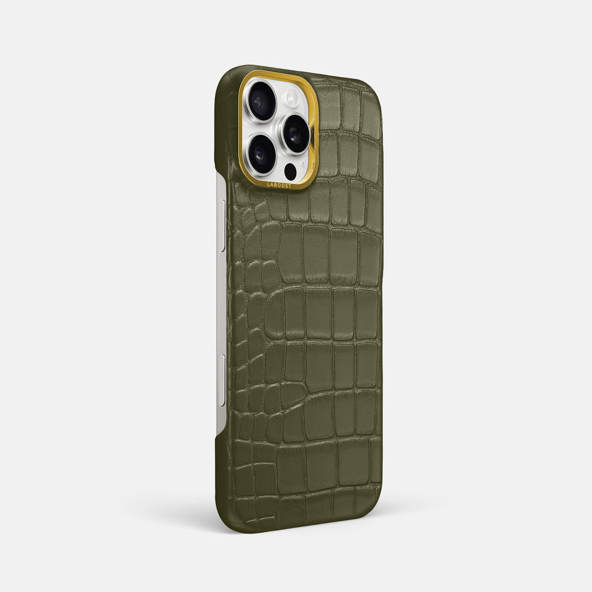 Kaki-Green iPhone 16 Pro Max Classic Case In Alligator with Gold Metal -2 | Kaki-Green-Gold