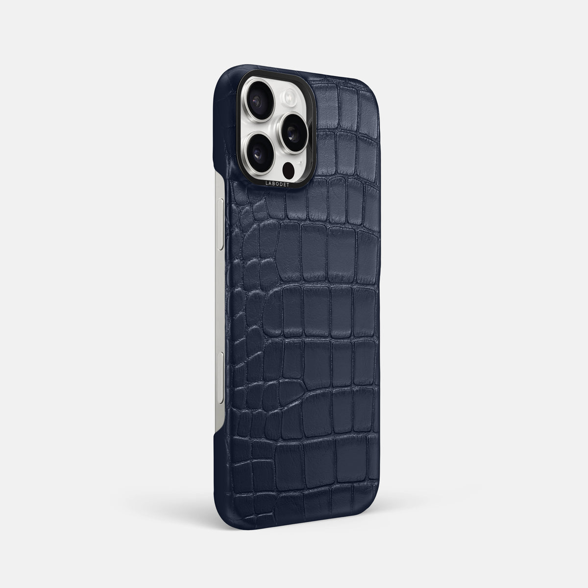 Navy Blue iPhone 16 Pro Max Classic Case Alligator with Black Metal -2 | Navy-Blue-Black