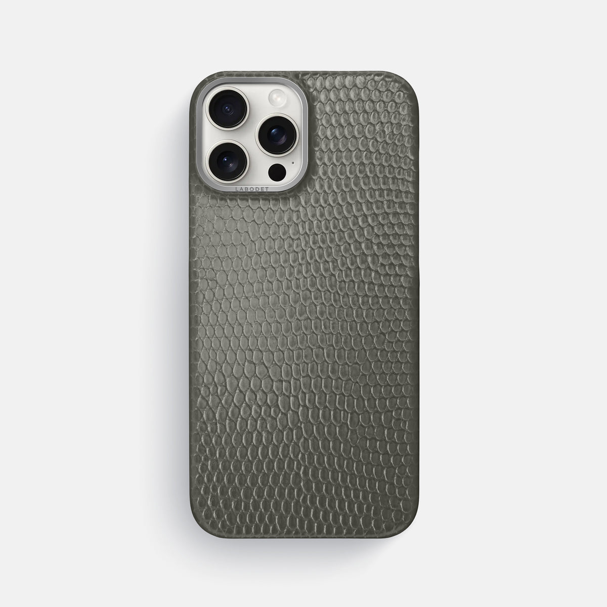Grey iPhone 16 Pro Max Classic Case Lizard with Steel Metal -1 | Grey-Steel