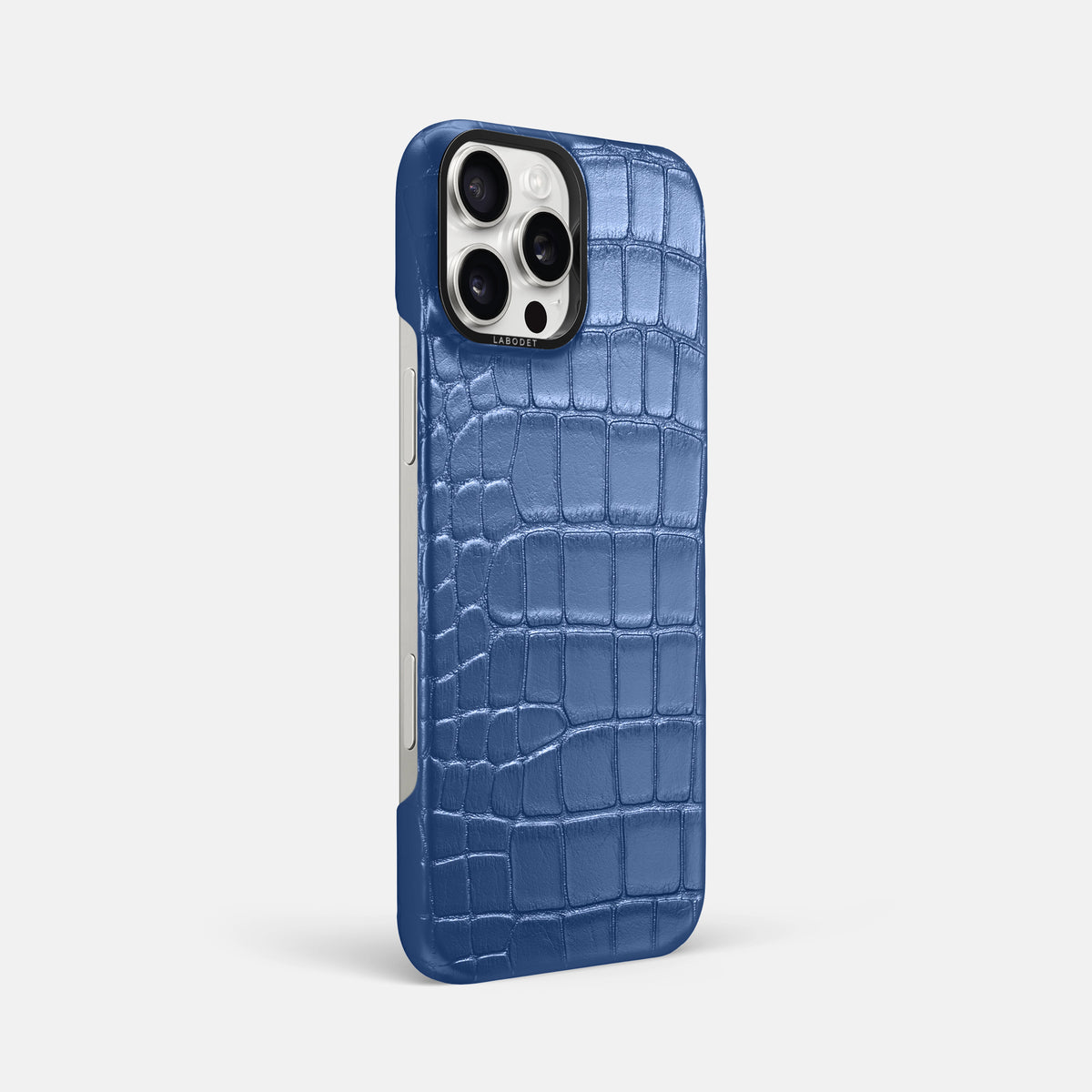 Pearlized-Blue iPhone 16 Pro Max Classic Case Alligator with Black Metal -2 | Pearlized-Blue-Black