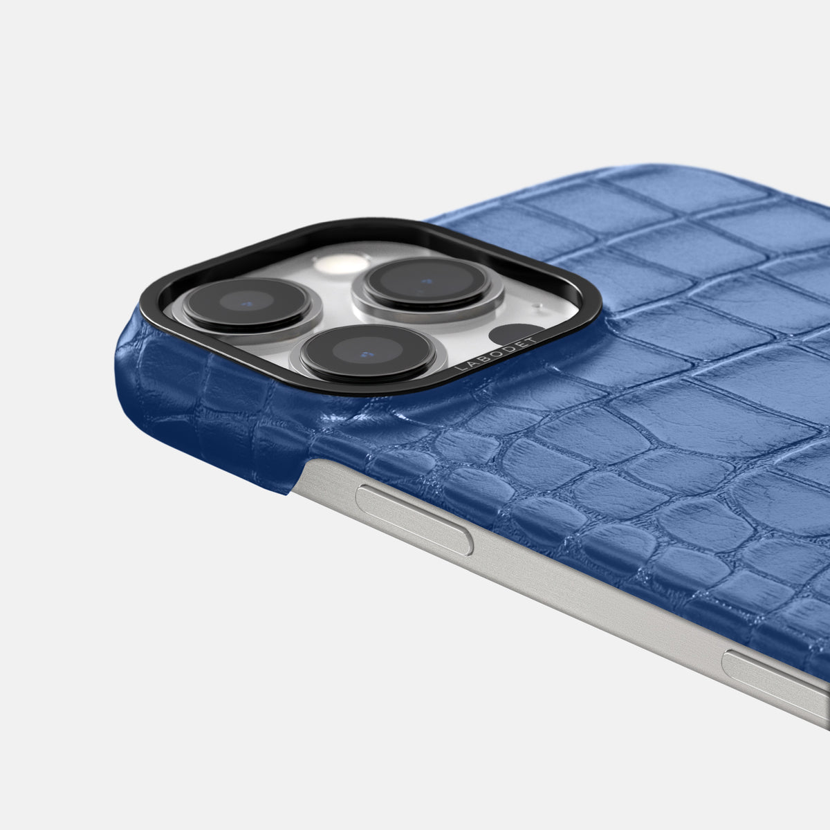 Pearlized-Blue iPhone 16 Pro Max Classic Case Alligator with Black Metal -6 | Pearlized-Blue-Black