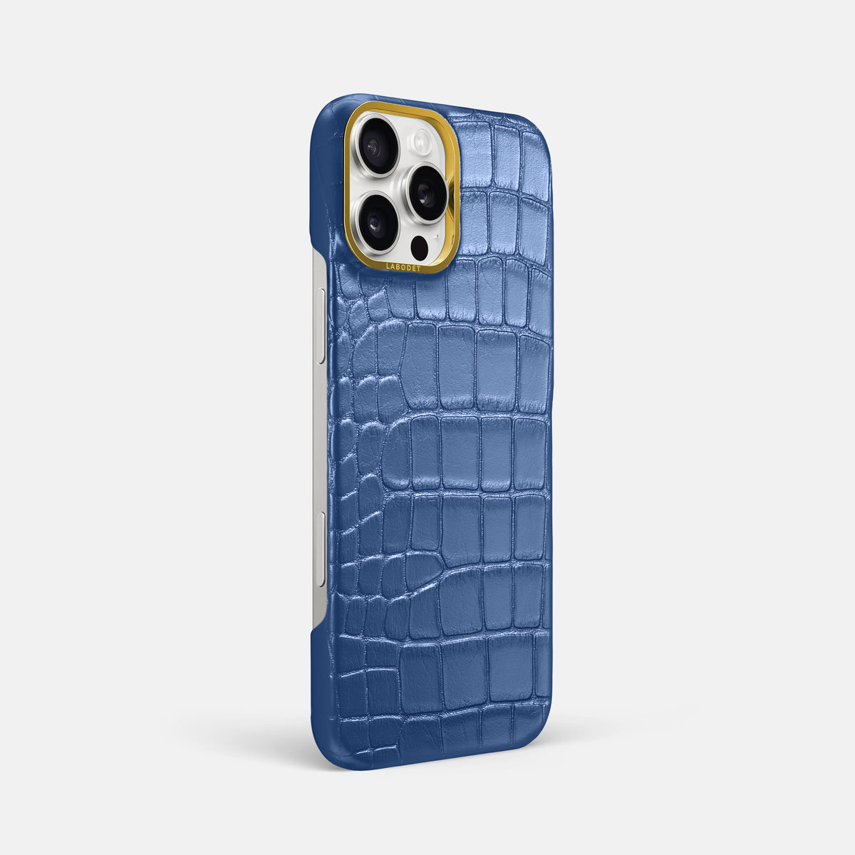 Pearlized-Blue iPhone 16 Pro Max Classic Case Alligator with Gold Metal -2 | Pearlized-Blue-Gold