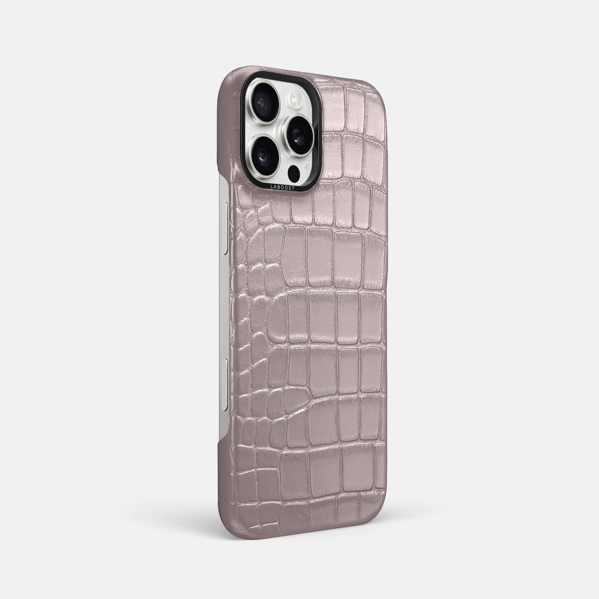 Pearlized-Pink iPhone 16 Pro Max Classic Case Alligator with Black Metal -2 | Pearlized-Pink-Black