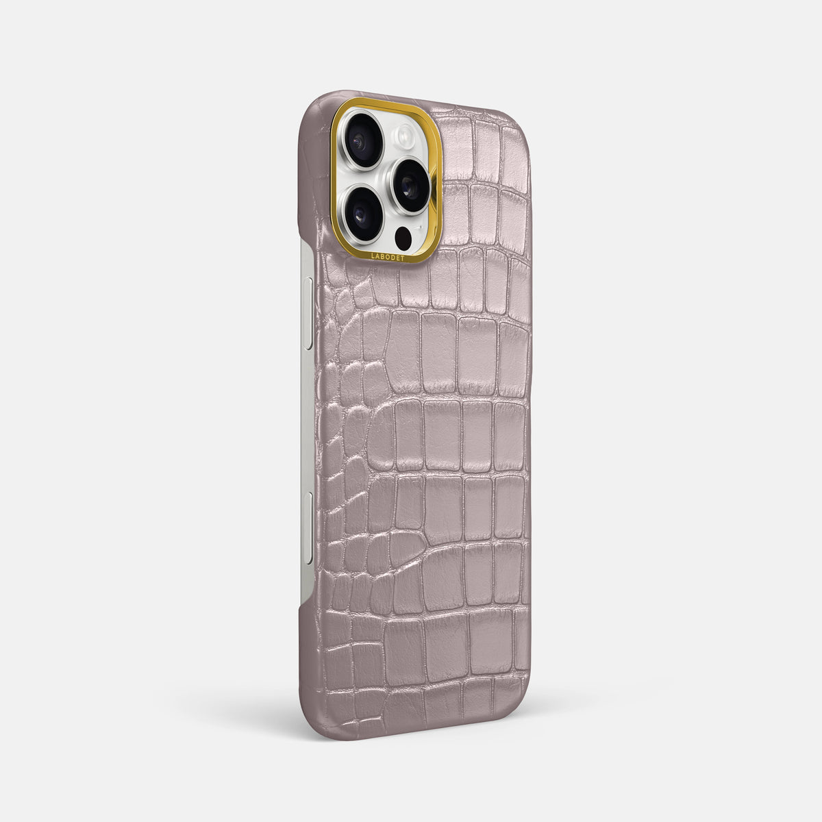 Pearlized-Pink iPhone 16 Pro Max Classic Case Alligator with Gold Metal -2 | Pearlized-Pink-Gold