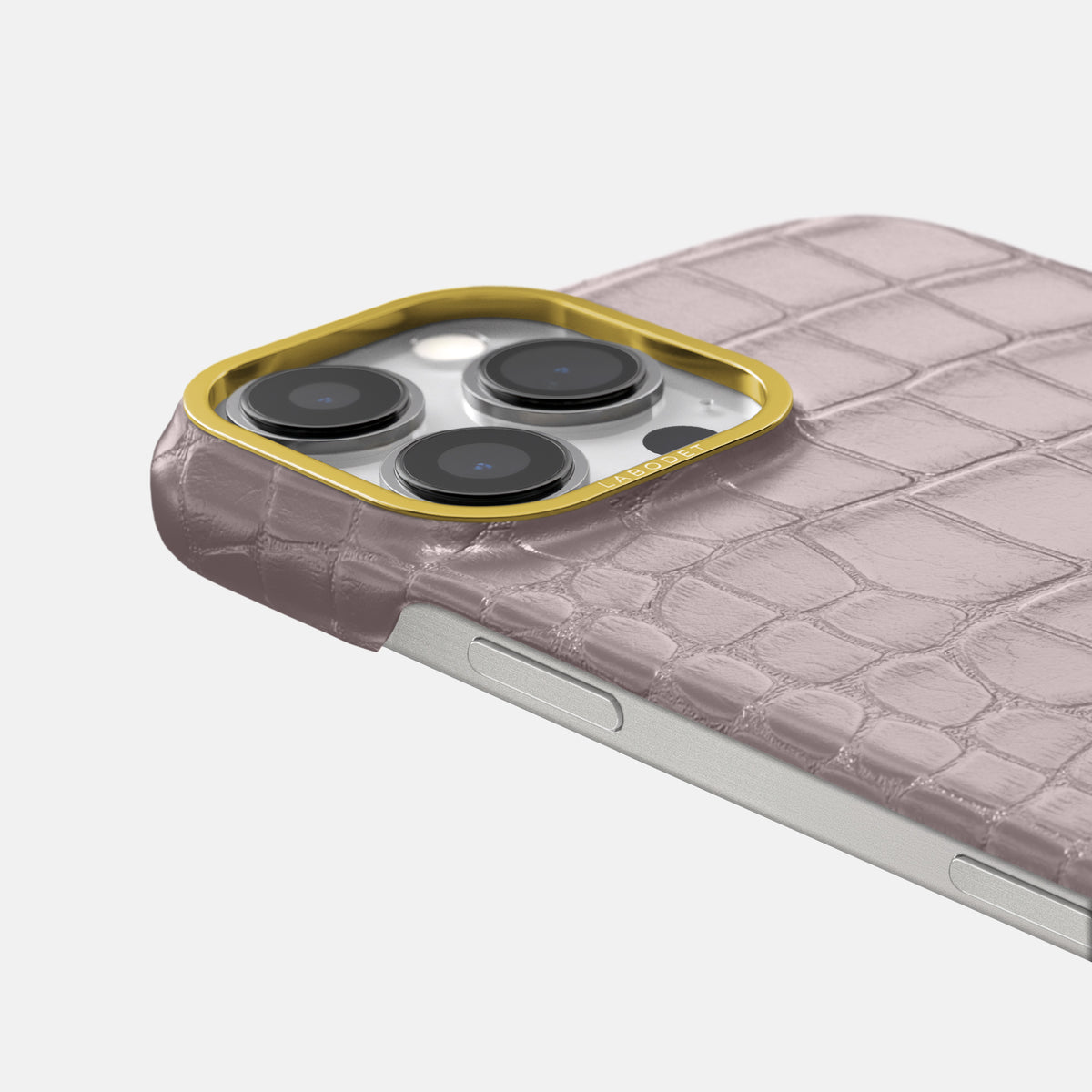 Pearlized-Pink iPhone 16 Pro Max Classic Case Alligator with Gold Metal -6 | Pearlized-Pink-Gold