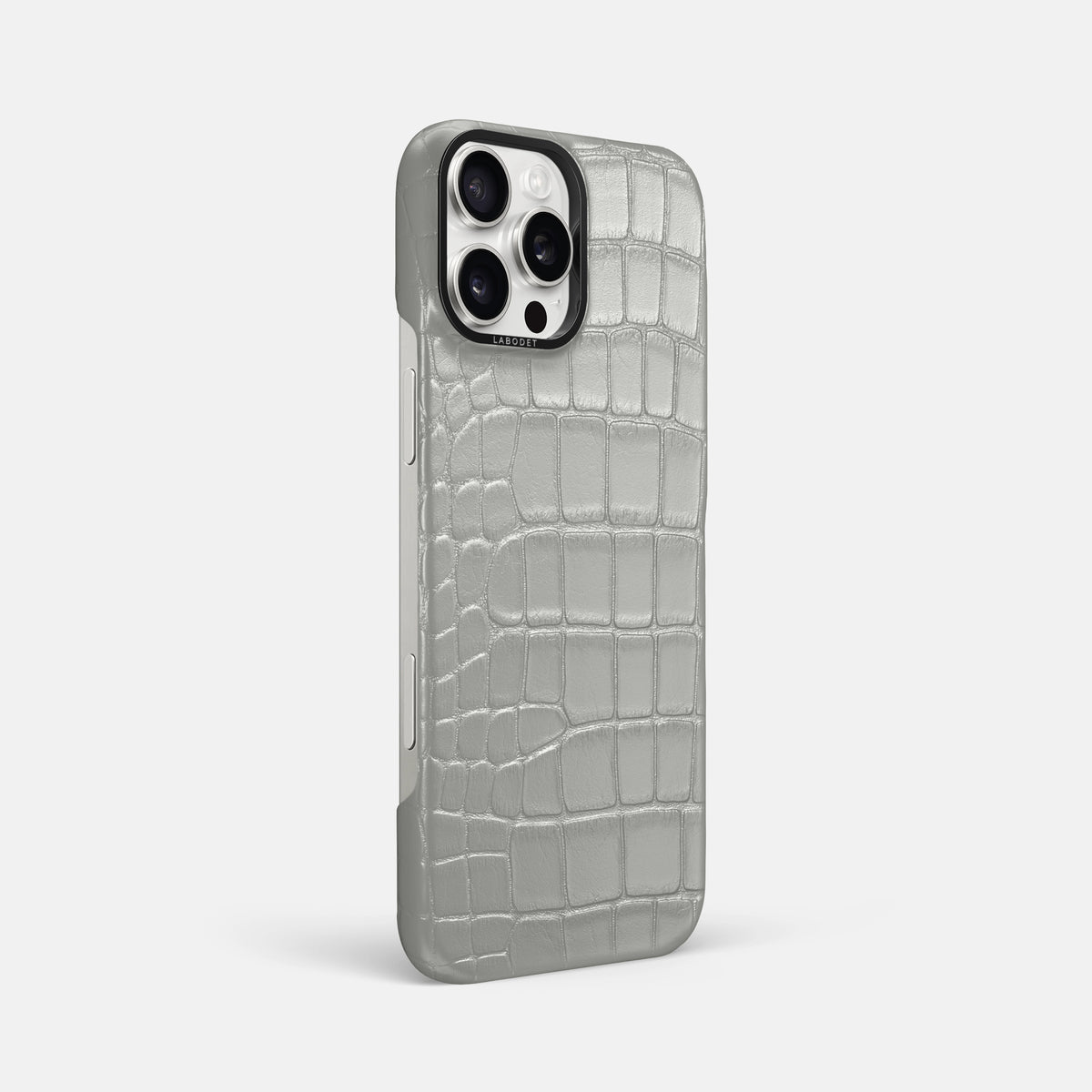 Pearlized-White iPhone 16 Pro Max Classic Case Alligator with Black Metal -2 | Pearlized-White-Black