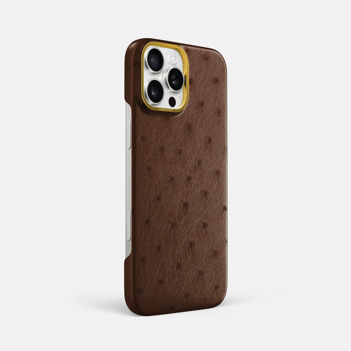 Chocolate iPhone 16 Pro Max Classic Case Ostrich with Gold Metal -2 | Chocolate-Gold