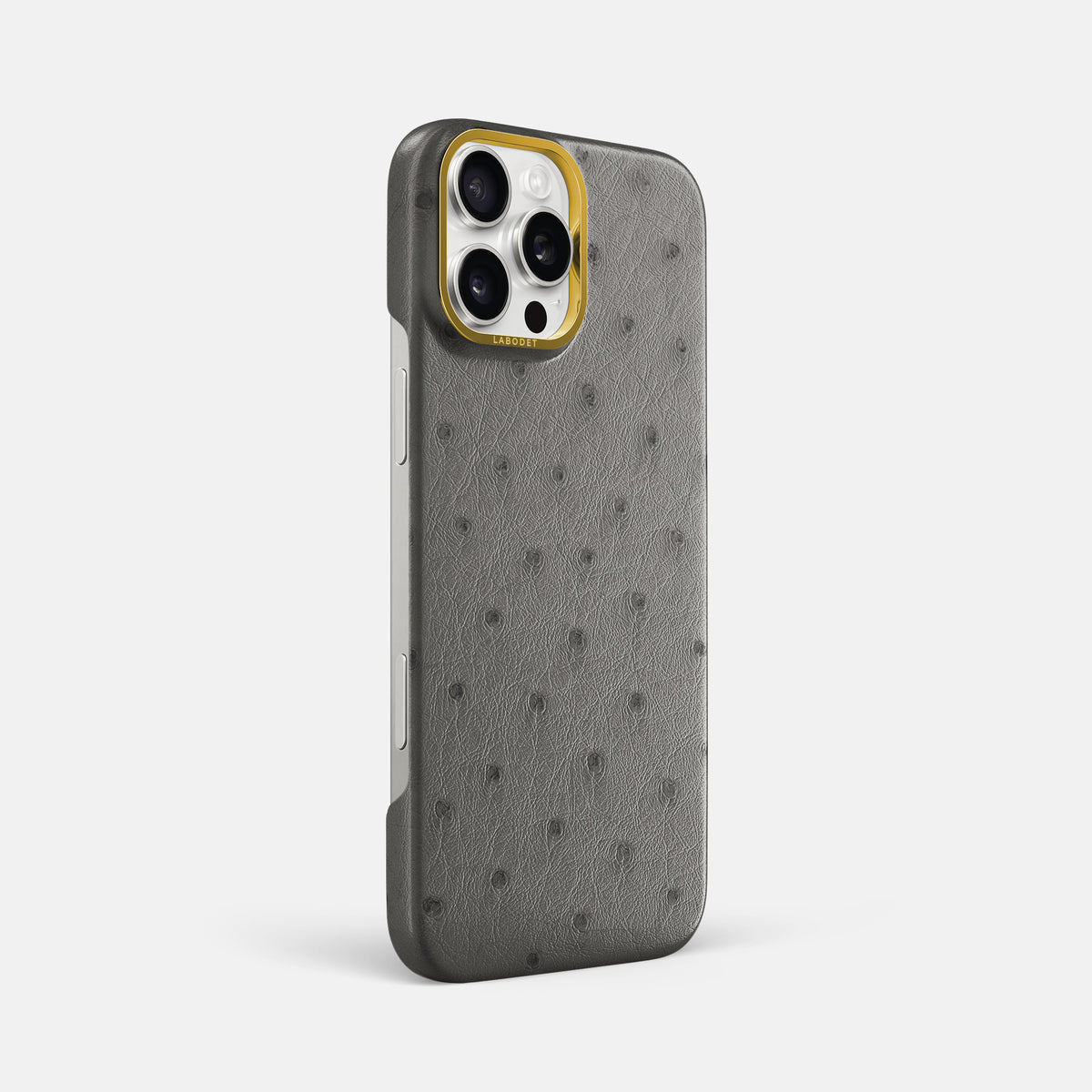 Grey iPhone 16 Pro Max Classic Case Ostrich with Gold Metal -2 | Grey-Gold