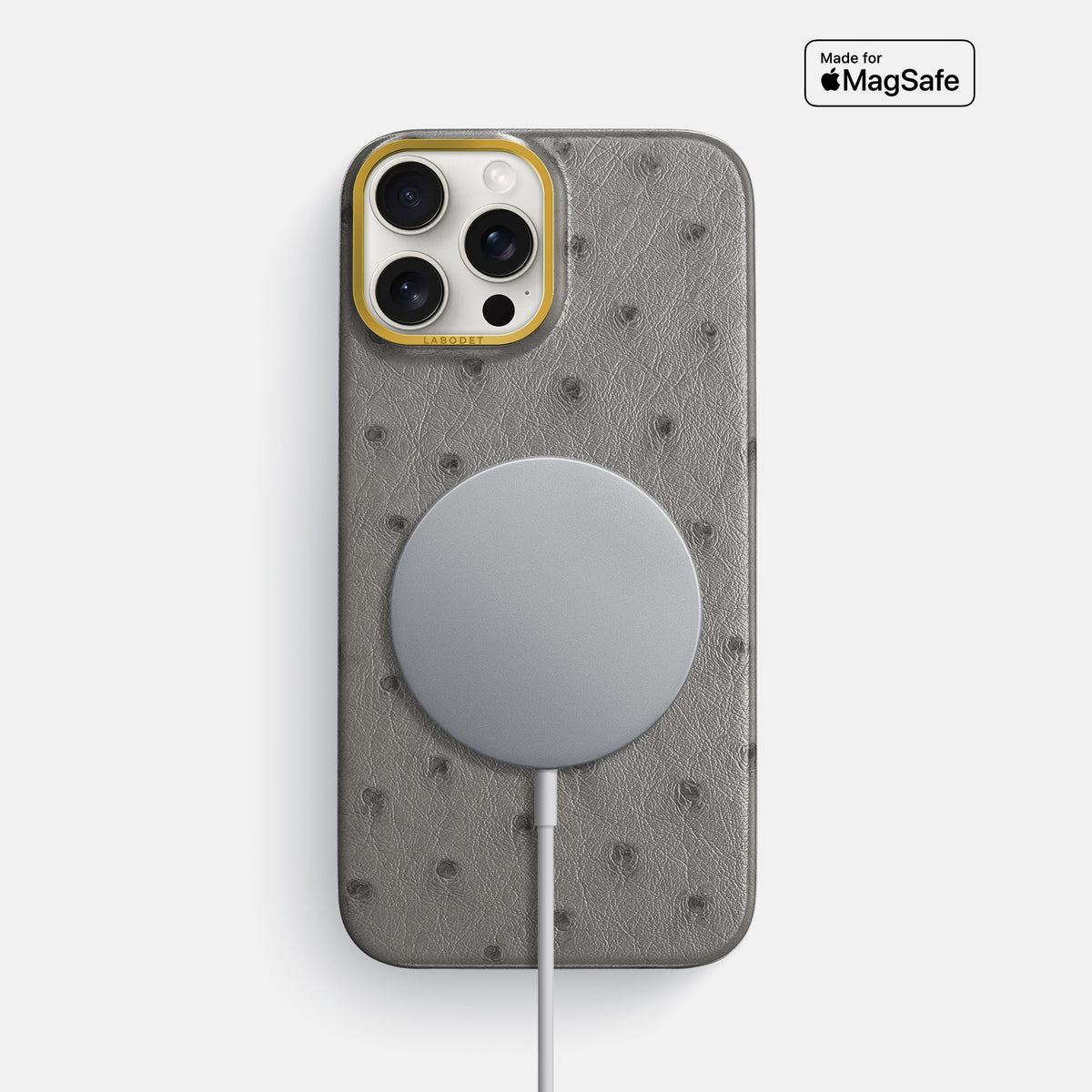 Grey iPhone 16 Pro Max Classic Case Ostrich with Gold Metal -5 | Grey-Gold