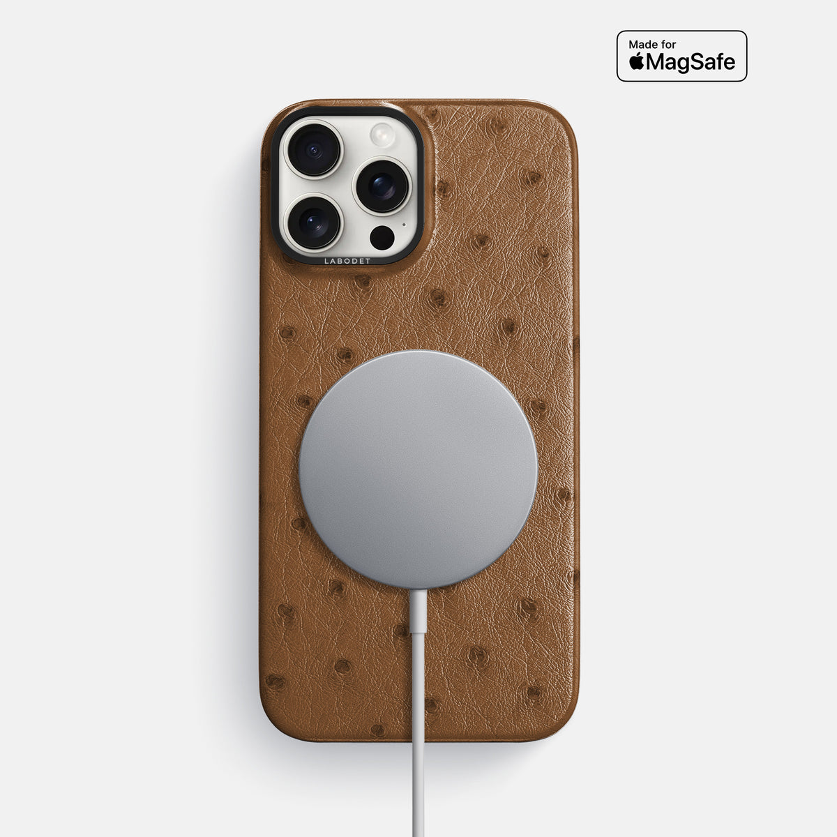 Medium-Brown iPhone 16 Pro Max Classic Case Ostrich with Black Metal -5 | Medium-Brown-Black
