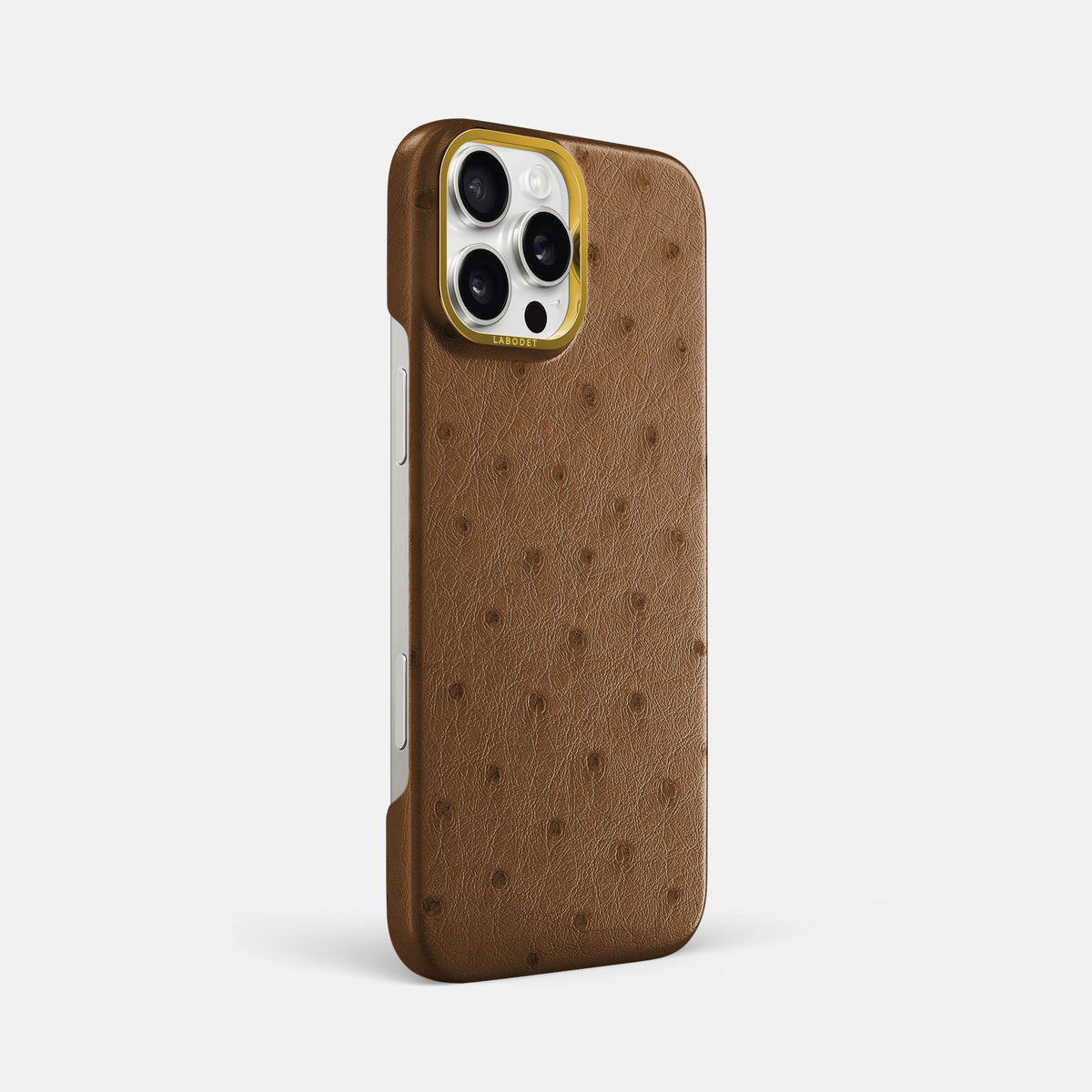 Medium-Brown iPhone 16 Pro Max Classic Case Ostrich with Gold Metal -2 | Medium-Brown-Gold