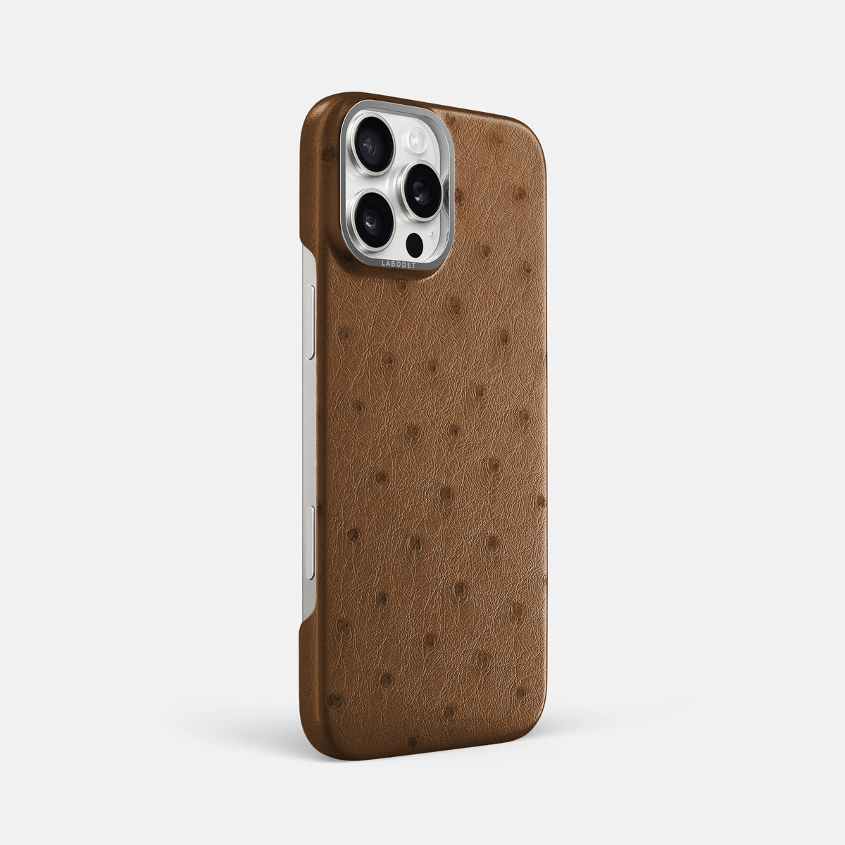 Medium-Brown iPhone 16 Pro Max Classic Case Ostrich with Steel Metal -2 | Medium-Brown-Steel