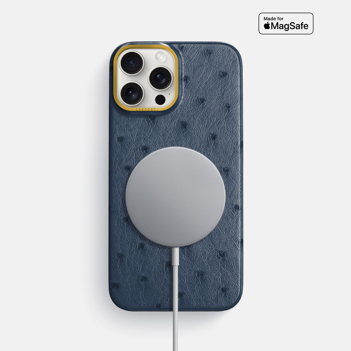 Navy-Blue iPhone 16 Pro Max Classic Case Ostrich with Gold Metal -5 | Navy-Blue-Gold
