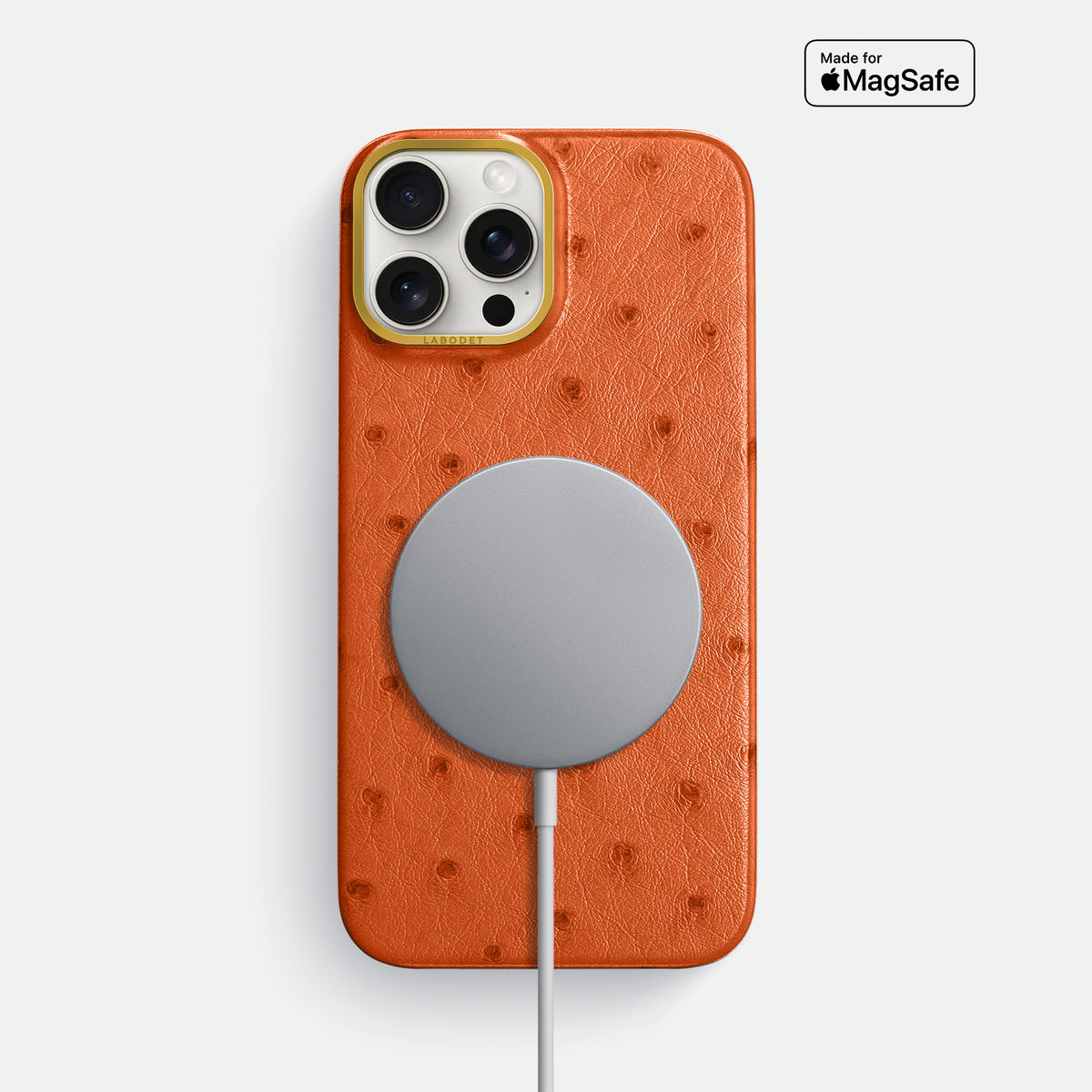 Orange iPhone 16 Pro Max Classic Case Ostrich with Gold Metal -5 | Orange-Gold