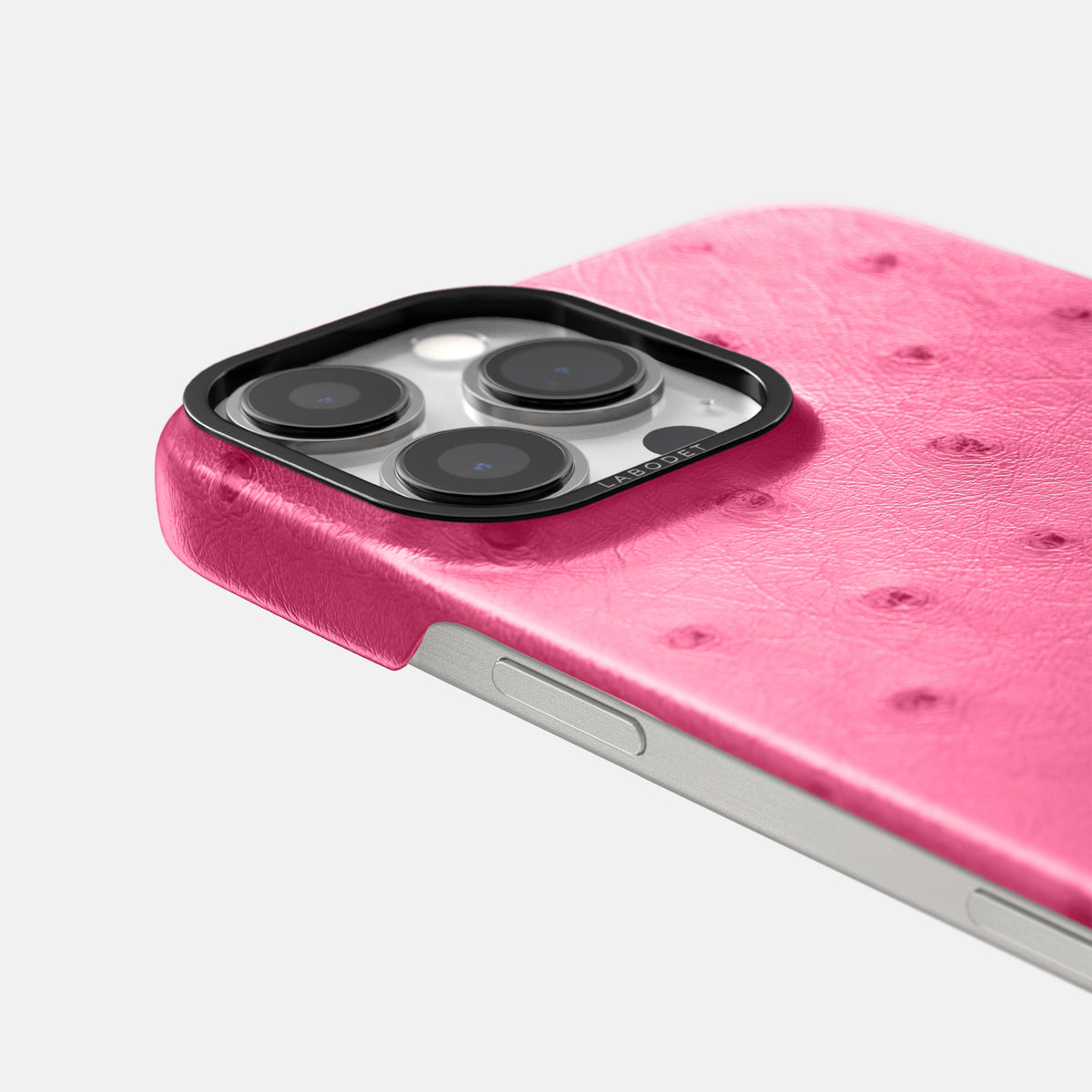 Pink iPhone 16 Pro Max Classic Case Ostrich with Black Metal -6 | Pink-Black