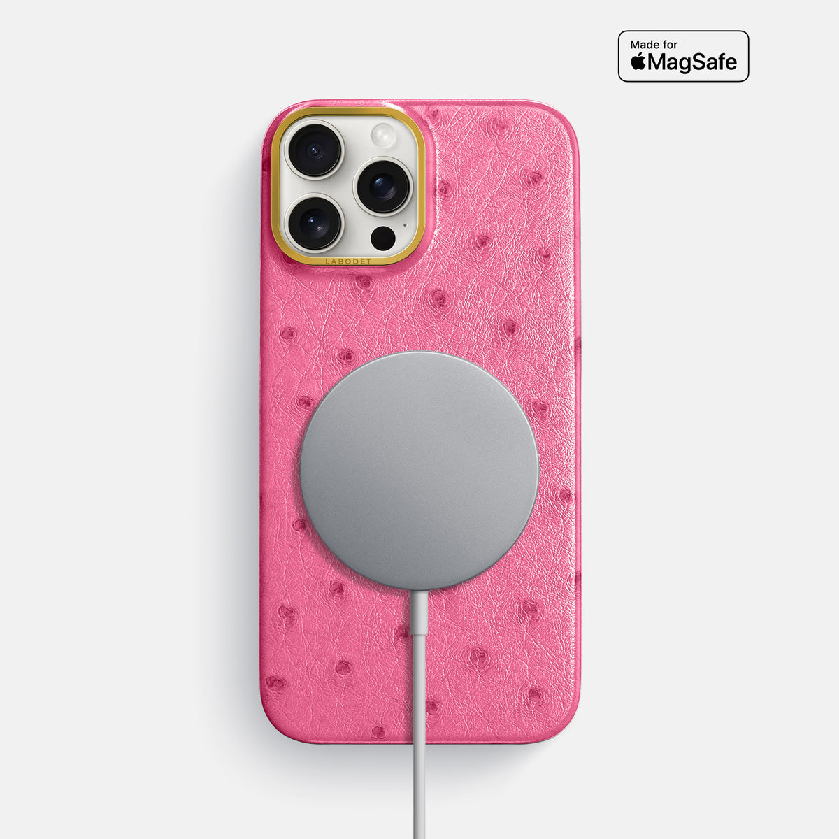 Pink iPhone 16 Pro Max Classic Case Ostrich with Gold Metal -5 | Pink-Gold