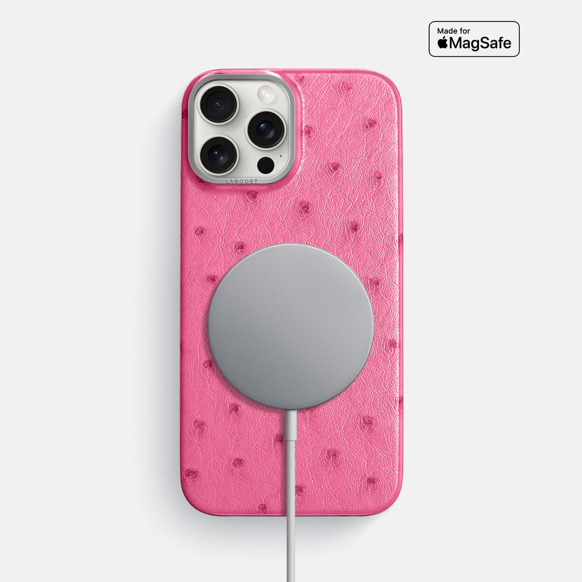 Pink iPhone 16 Pro Max Classic Case Ostrich with Steel Metal -5 | Pink-Steel
