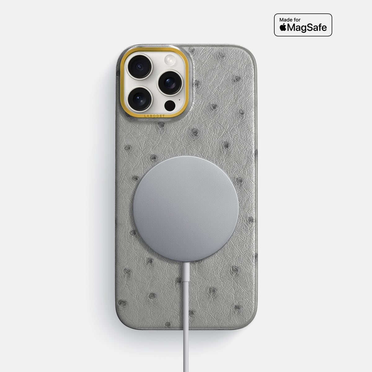 Silver iPhone 16 Pro Max Classic Case Ostrich with Gold Metal -5 | Silver-Gold