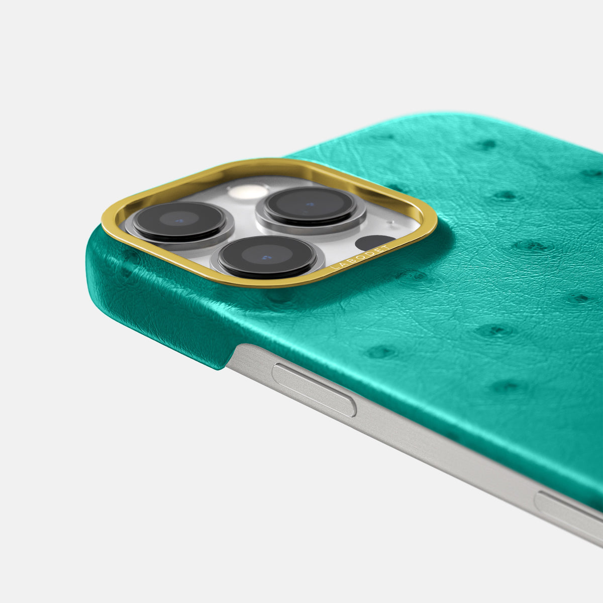 Turquoise iPhone 16 Pro Max Classic Case Ostrich with Gold Metal -6 | Turquoise-Gold