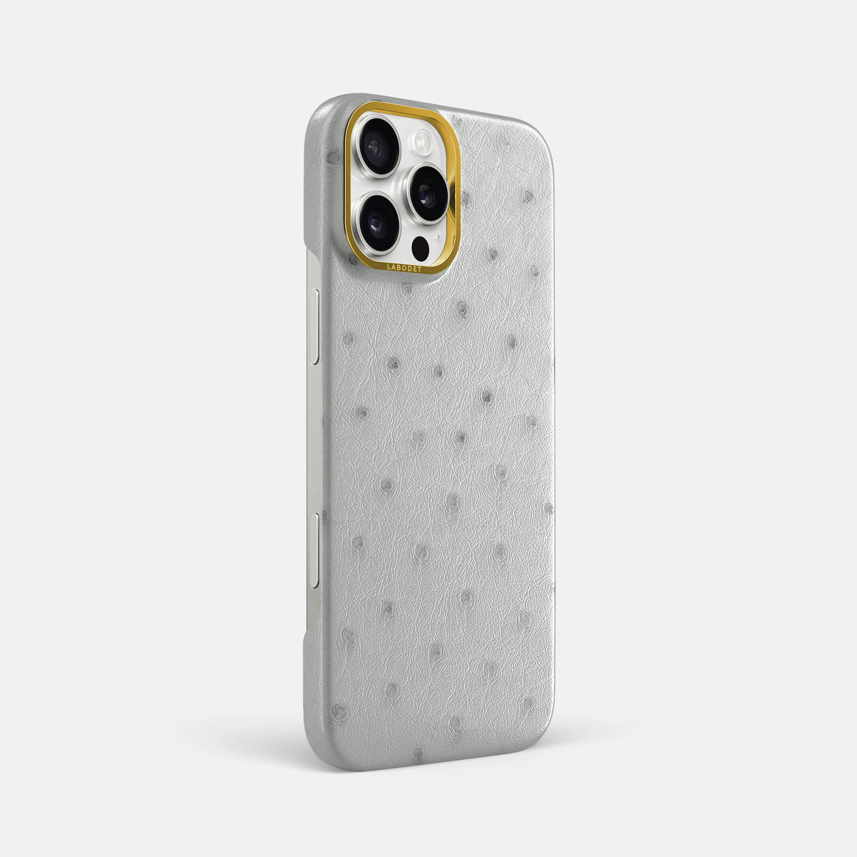 White iPhone 16 Pro Max Classic Case Ostrich with Gold Metal -2 | White-Gold