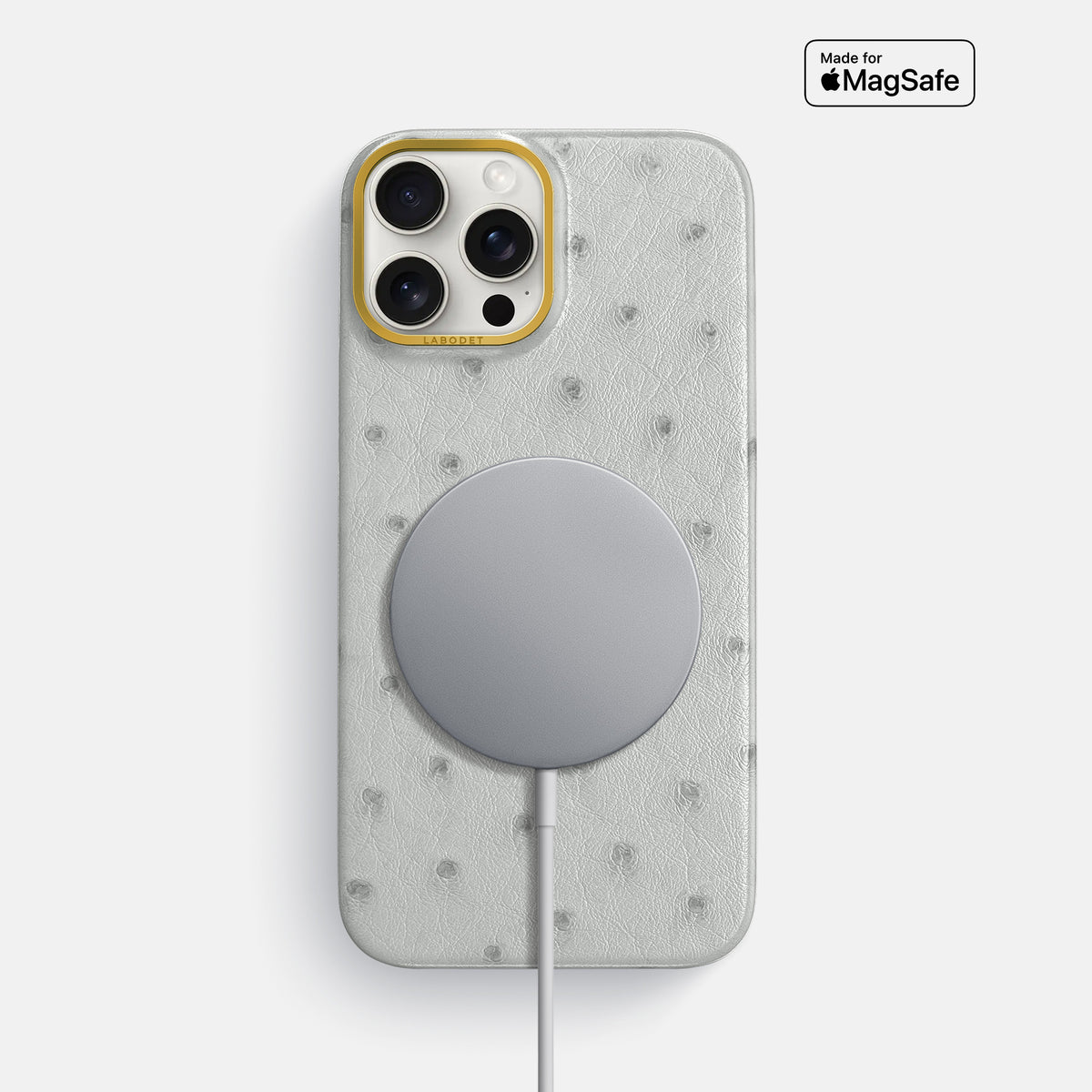 White iPhone 16 Pro Max Classic Case Ostrich with Gold Metal -5 | White-Gold