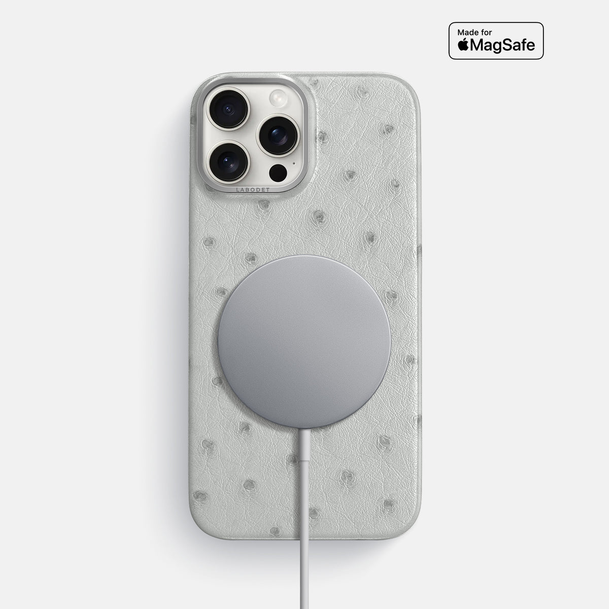 White iPhone 16 Pro Max Classic Case Ostrich with Steel Metal -5 | White-Steel