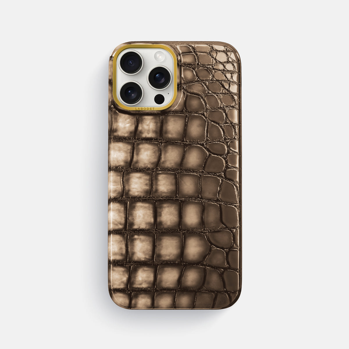 Etoupe iPhone 16 Pro Max Classic Case Patina Alligator with Gold Metal -1 | Etoupe-Gold