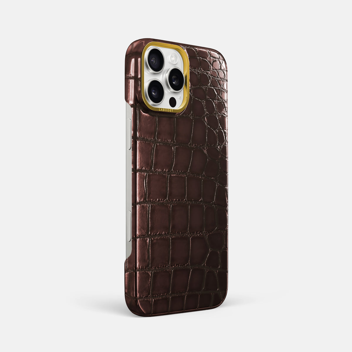 Grape-Wine iPhone 16 Pro Max Classic Case Patina Alligator with Gold Metal -2 | Grape-Wine-Gold