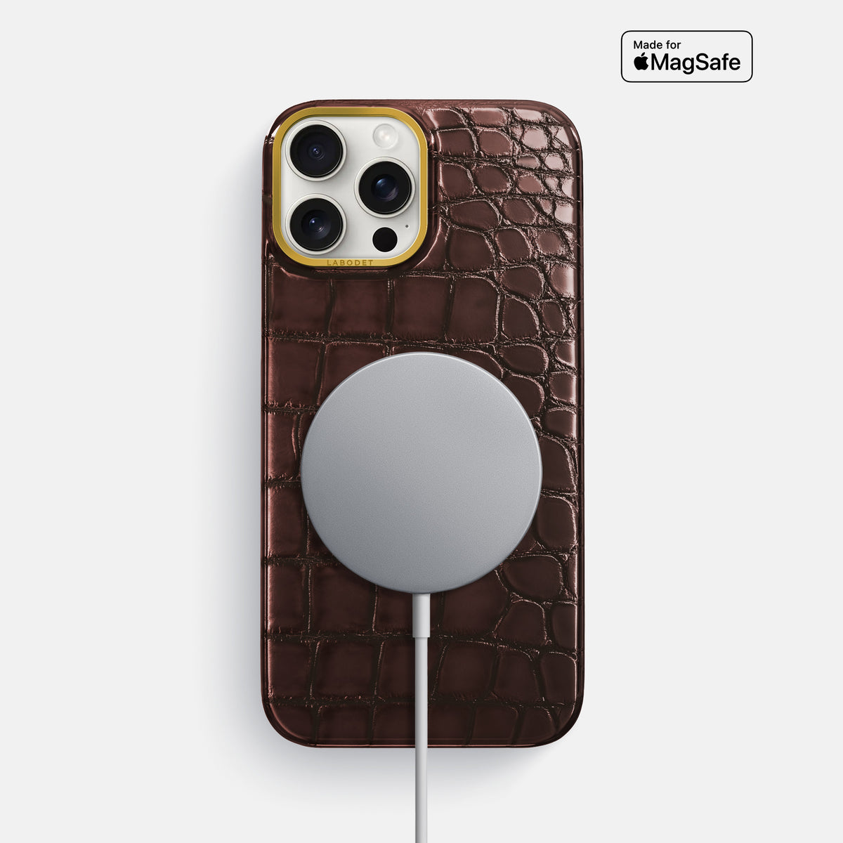 Grape-Wine iPhone 16 Pro Max Classic Case Patina Alligator with Gold Metal -5 | Grape-Wine-Gold