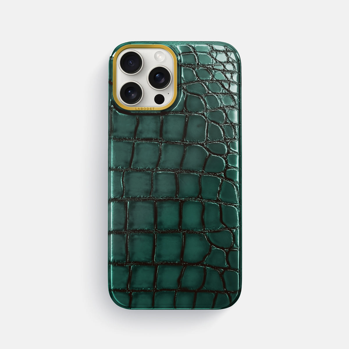 Green iPhone 16 Pro Max Classic Case Patina Alligator with Gold Metal -1 | Green-Gold