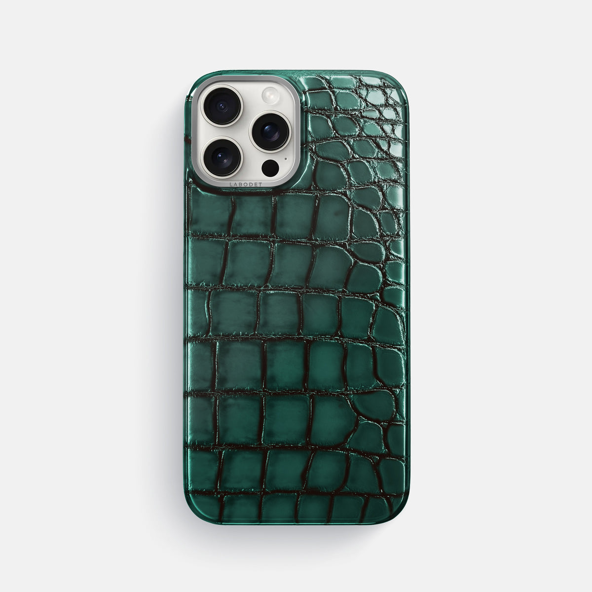Green iPhone 16 Pro Max Classic Case Patina Alligator with Steel Metal -1 | Green-Steel