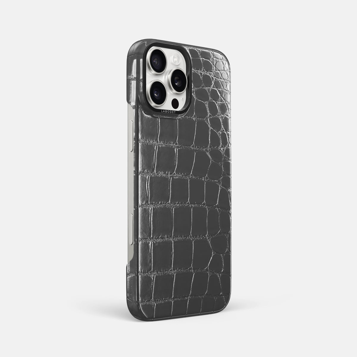 Grey iPhone 16 Pro Max Classic Case Patina Alligator with Black Metal -2 | Grey-Black