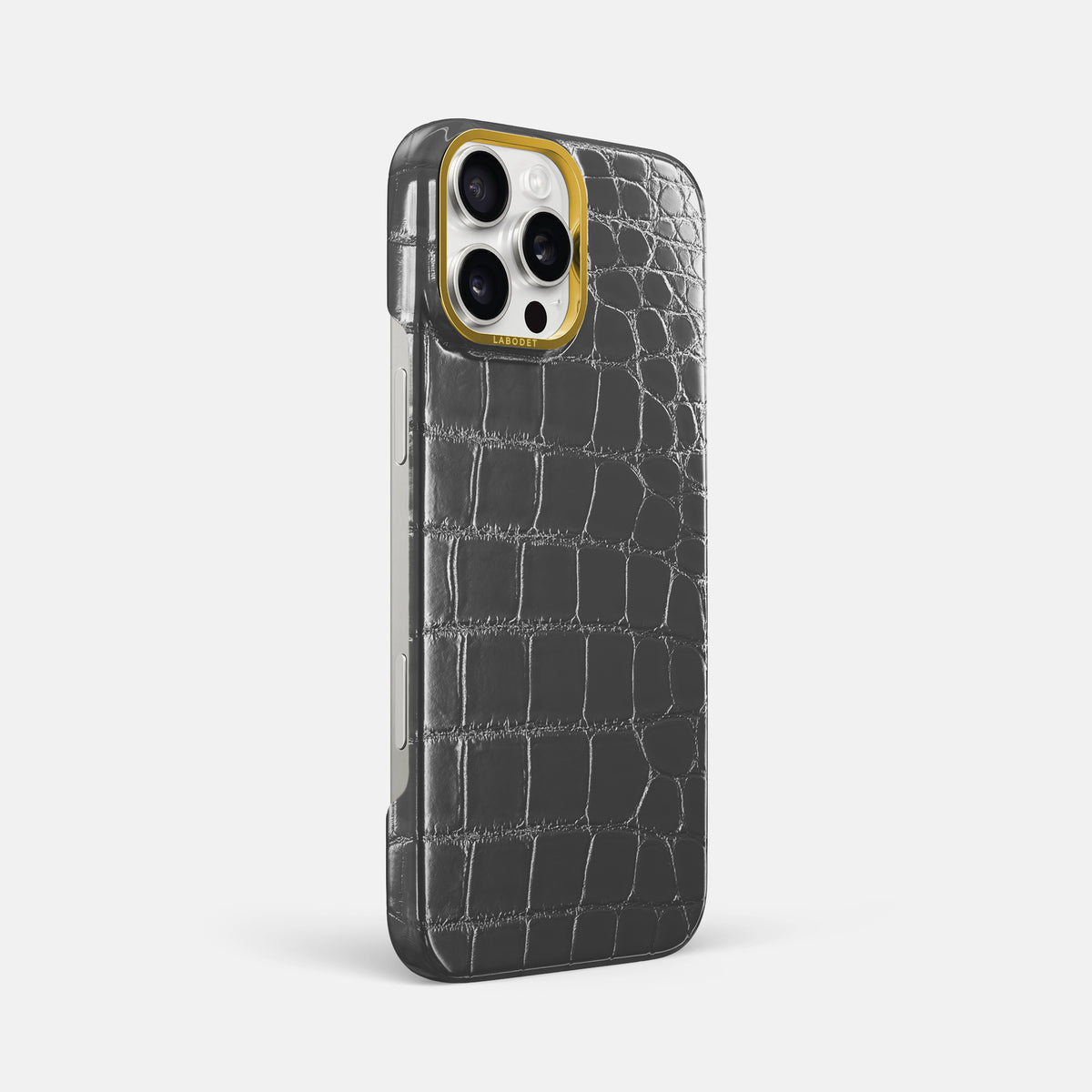 Grey iPhone 16 Pro Max Classic Case Patina Alligator with Gold Metal -2 | Grey-Gold