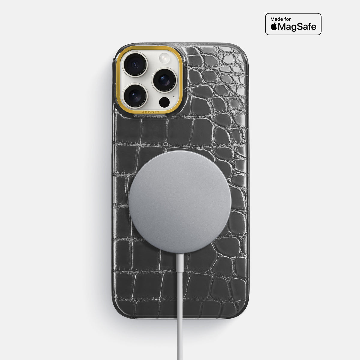 Grey iPhone 16 Pro Max Classic Case Patina Alligator with Gold Metal -5 | Grey-Gold