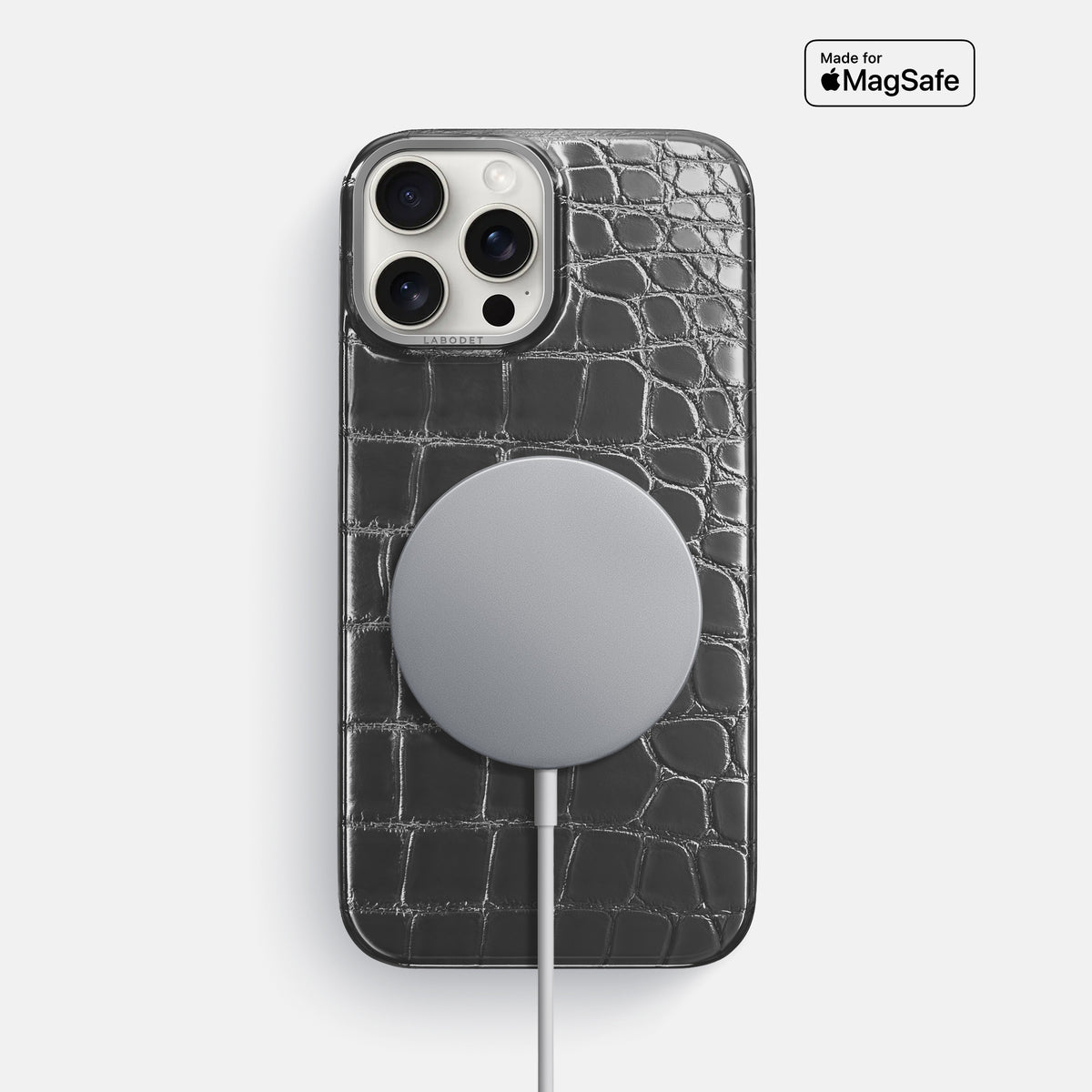 Grey iPhone 16 Pro Max Classic Case Patina Alligator with Steel Metal -5 | Grey-Steel