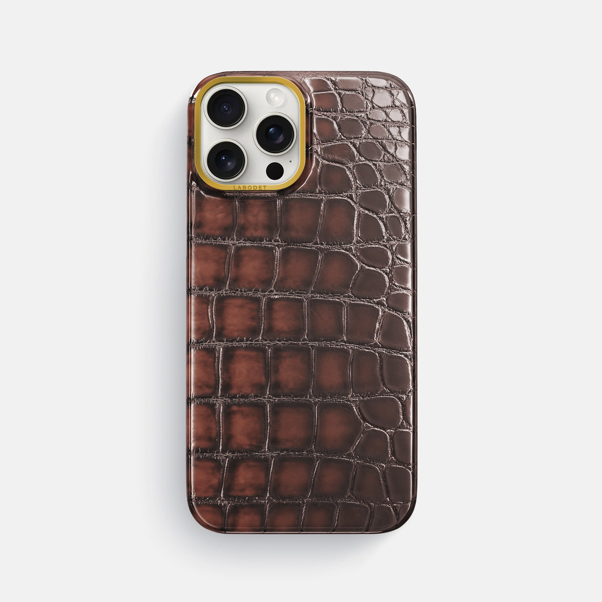 Havana-Brown iPhone 16 Pro Max Classic Case Patina Alligator with Gold Metal -1 | Havana-Brown-Gold