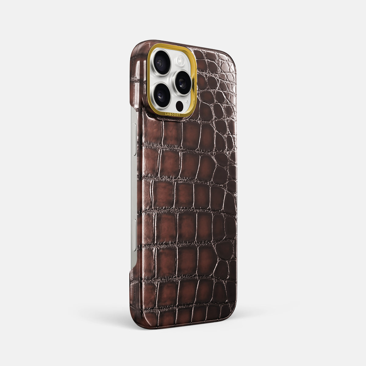 Havana-Brown iPhone 16 Pro Max Classic Case Patina Alligator with Gold Metal -2 | Havana-Brown-Gold