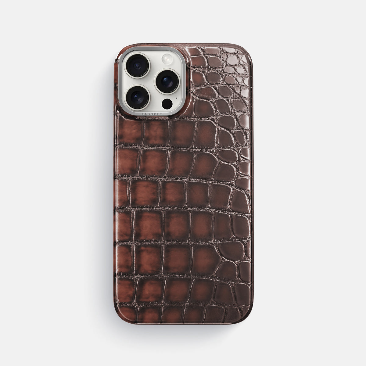 Havana-Brown iPhone 16 Pro Max Classic Case Patina Alligator with Steel Metal -1 | Havana-Brown-Steel