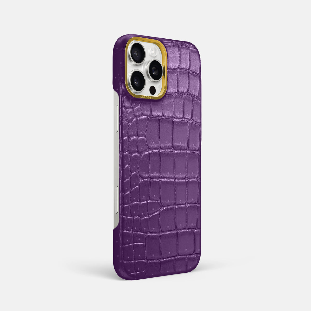 Purple iPhone 16 Pro Max Classic Case Porosus Crocodile with Gold Metal -2 | Purple-Gold