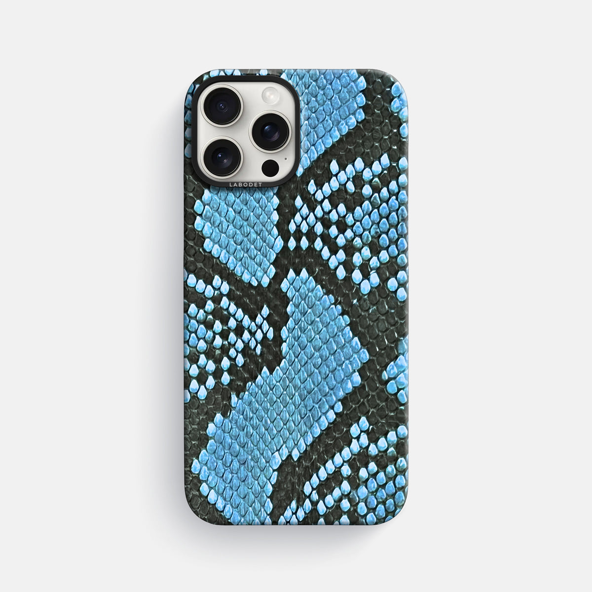 Pacific Blue iPhone 16 Pro Max Classic Case In Python with Black Metal -1 | Pacific-Blue-Black