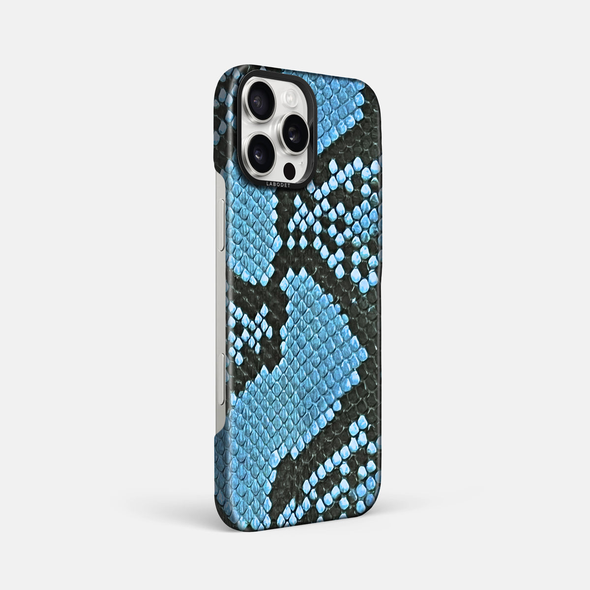 Pacific Blue iPhone 16 Pro Max Classic Case In Python with Black Metal -2 | Pacific-Blue-Black