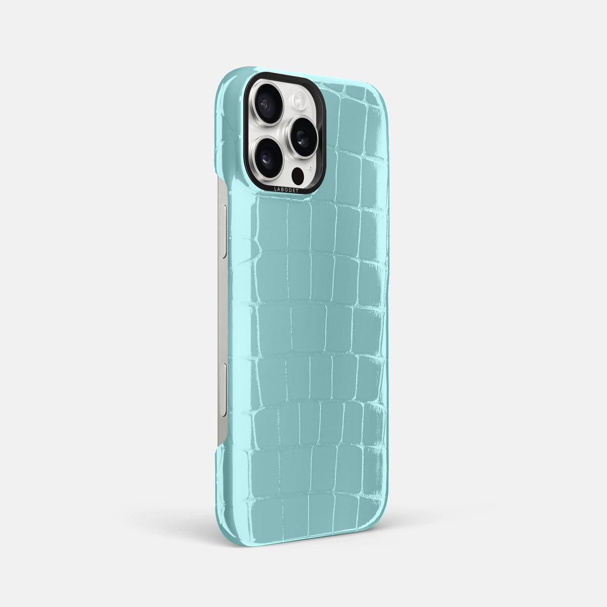Light Blue iPhone 16 Pro Max Classic Case Shiny Alligator with Black Metal -2 | Light-Blue-Black